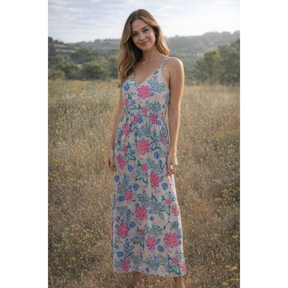 Everly Floral Paisley Midi Dress Pink Blue Cream Strappy V-Neck Womens M